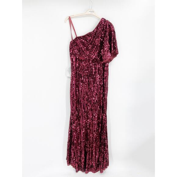 Mac Duggal Burgundy Red Sequined One-Shoulder Slit Column Formal Gown Sz 14 NWT - Picture 6 of 8